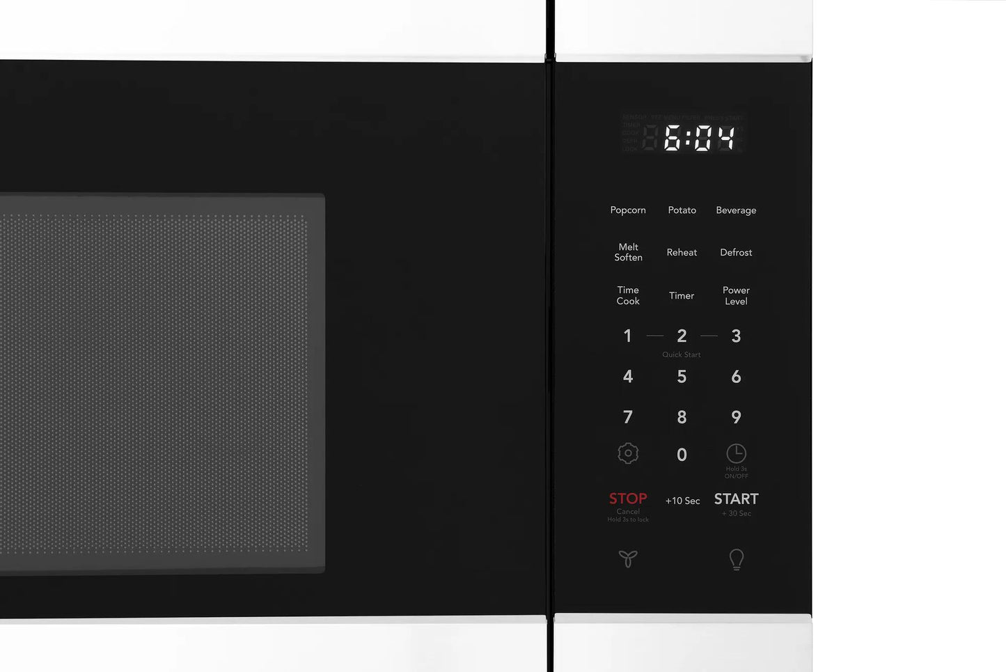 Close-up of black and white over-the-range microwave keypad with digital display from kitchen appliances at Hartville Hardware