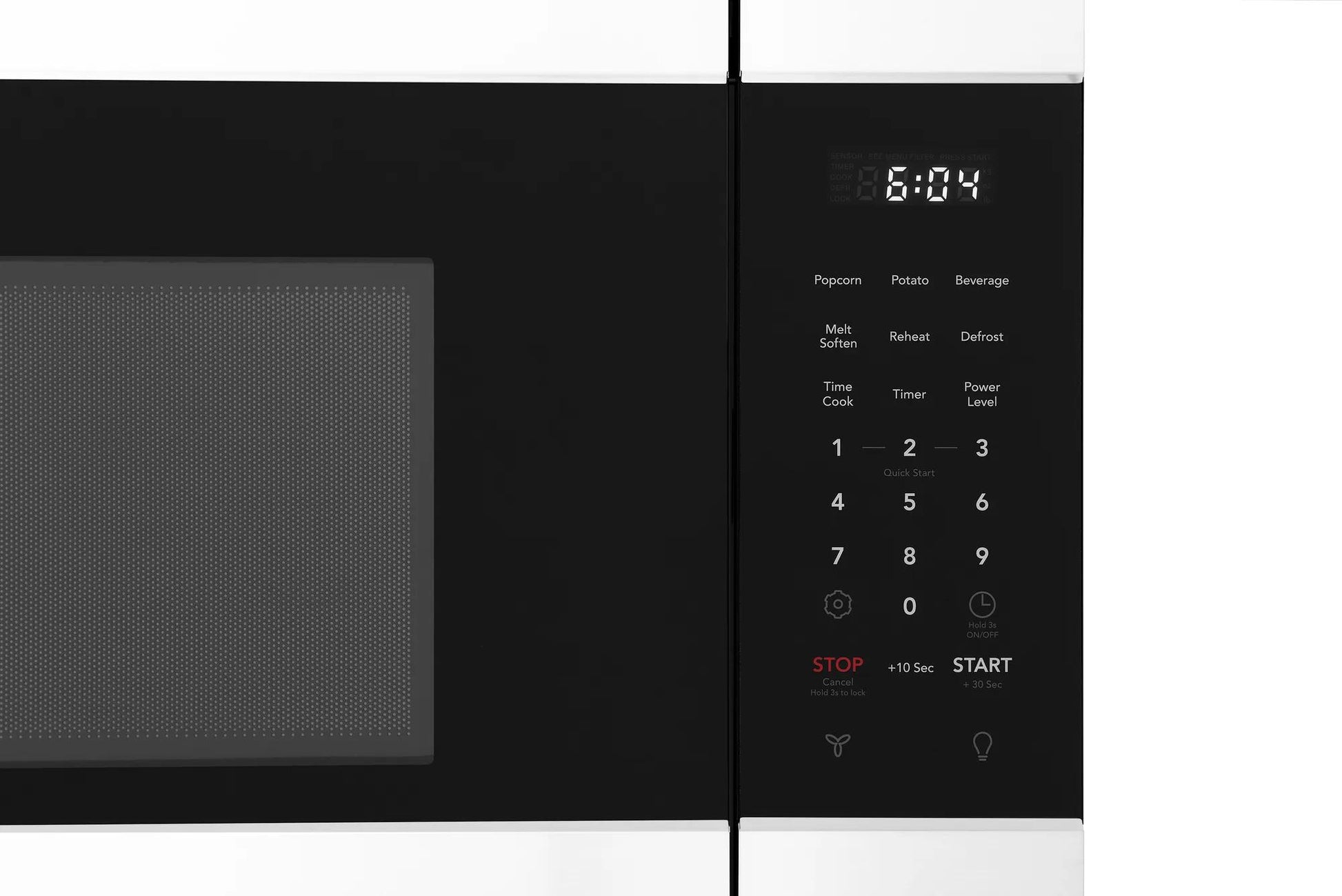 Close-up of black and white over-the-range microwave keypad with digital display from kitchen appliances at Hartville Hardware