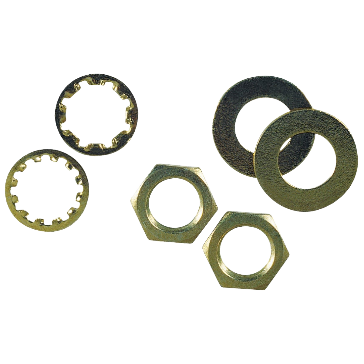Brass-plated steel nut and washer set including flat and lock washers for electrical and home improvement use