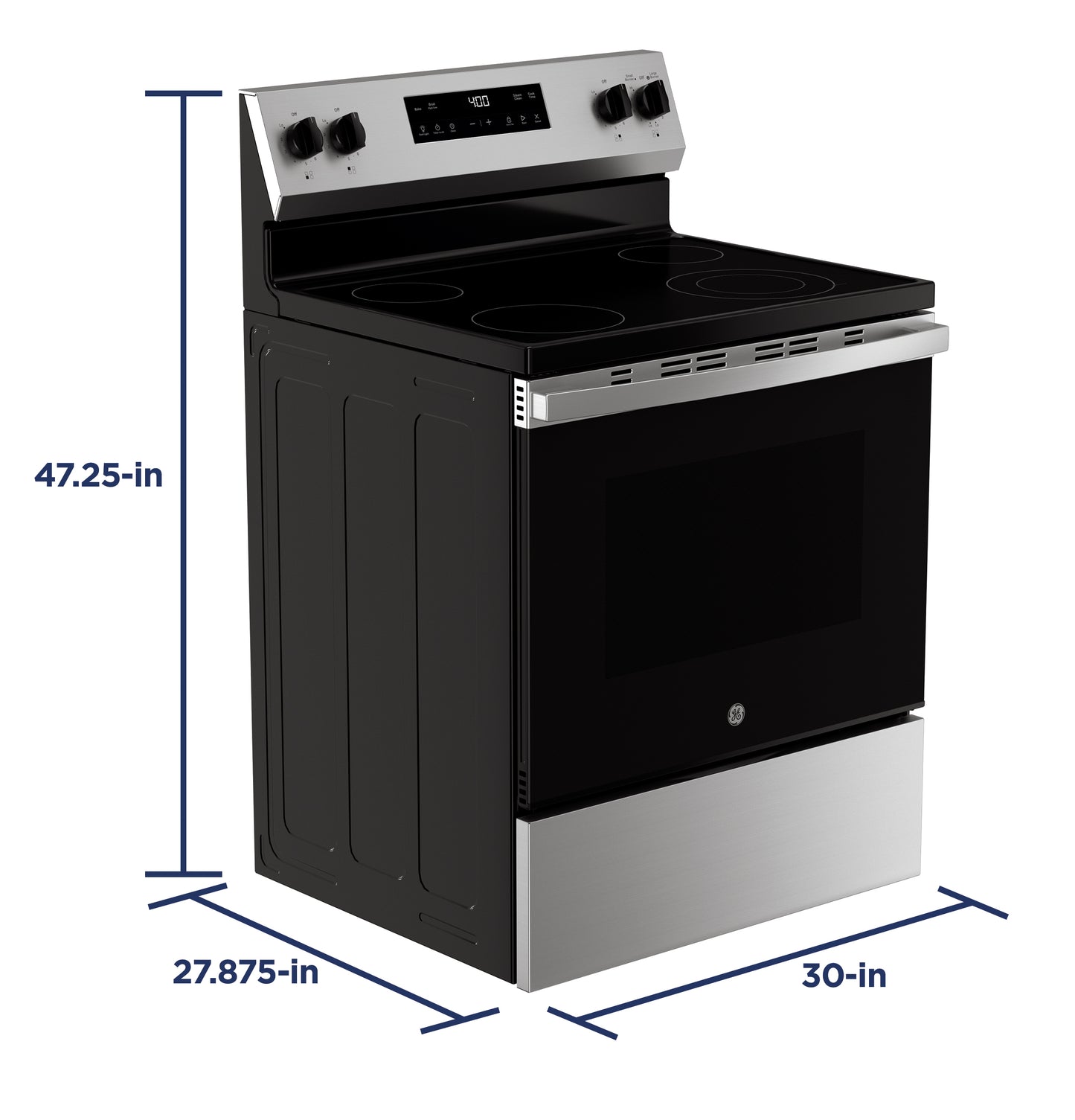 Stainless steel freestanding electric range with smooth cooktop and digital control panel in kitchen appliance setting
