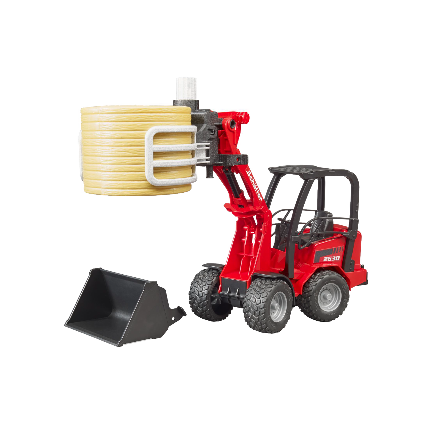 Red Bruder toy loader lifting round bale with bale gripper in Vehicles & Remote Controlled Toys collection