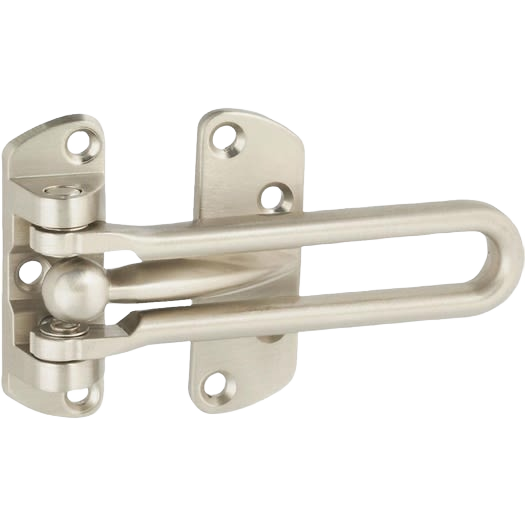 Satin nickel decorative door security guard latch for enhanced home safety and access control applications
