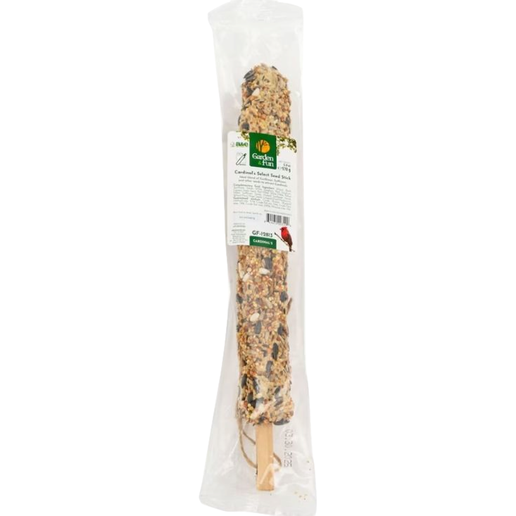 Wild bird seed stick with mixed grains and nuts for feeding cardinals and other backyard birds outdoors
