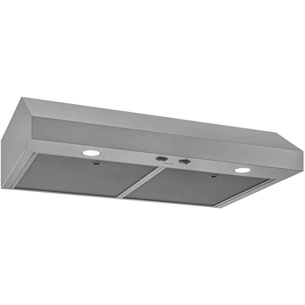 stainless steel under cabinet range hood with dual filters and built-in lights for kitchen ventilation and home improvement