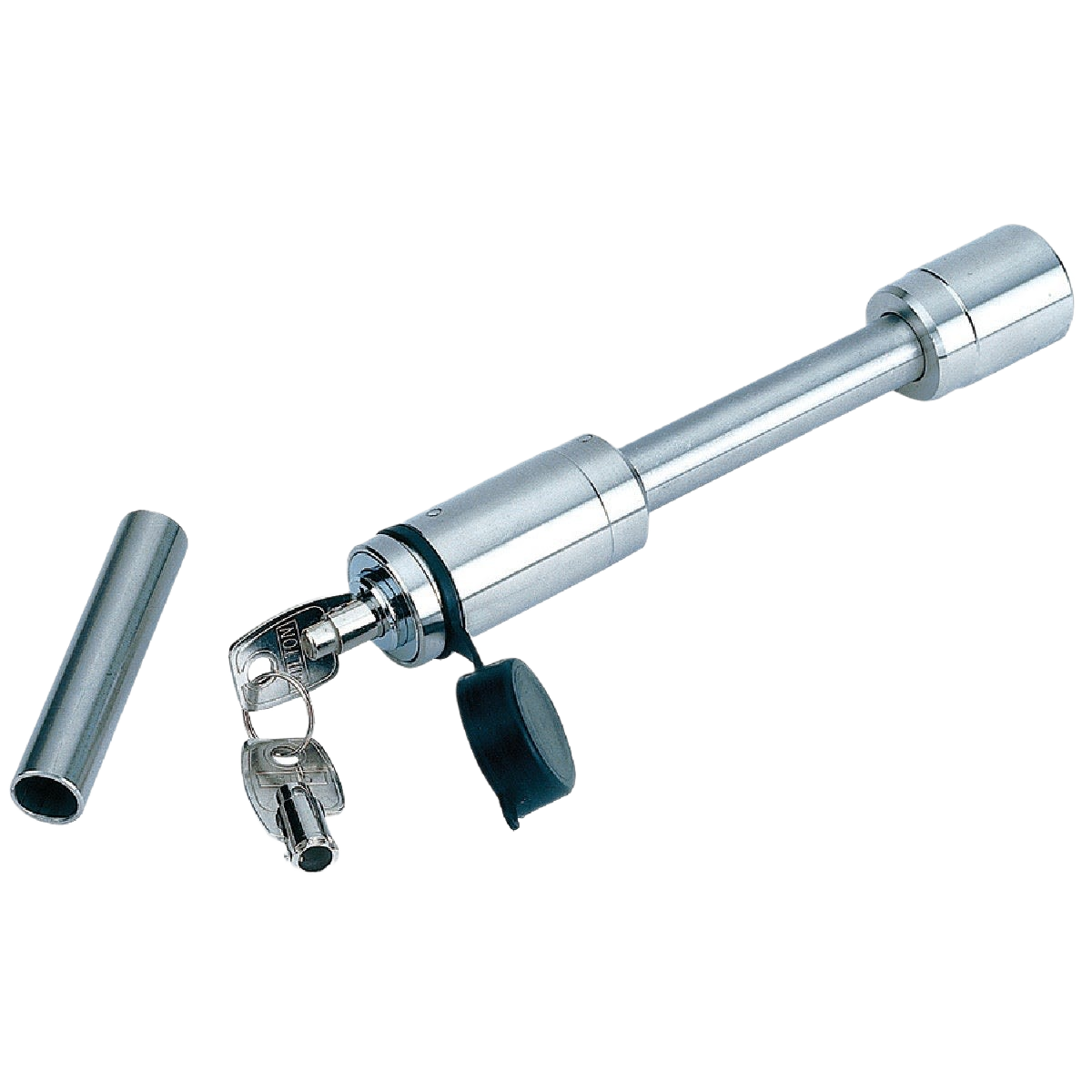 Silver metal barrel trailer receiver lock with keys and protective cap for tools and home improvement use
