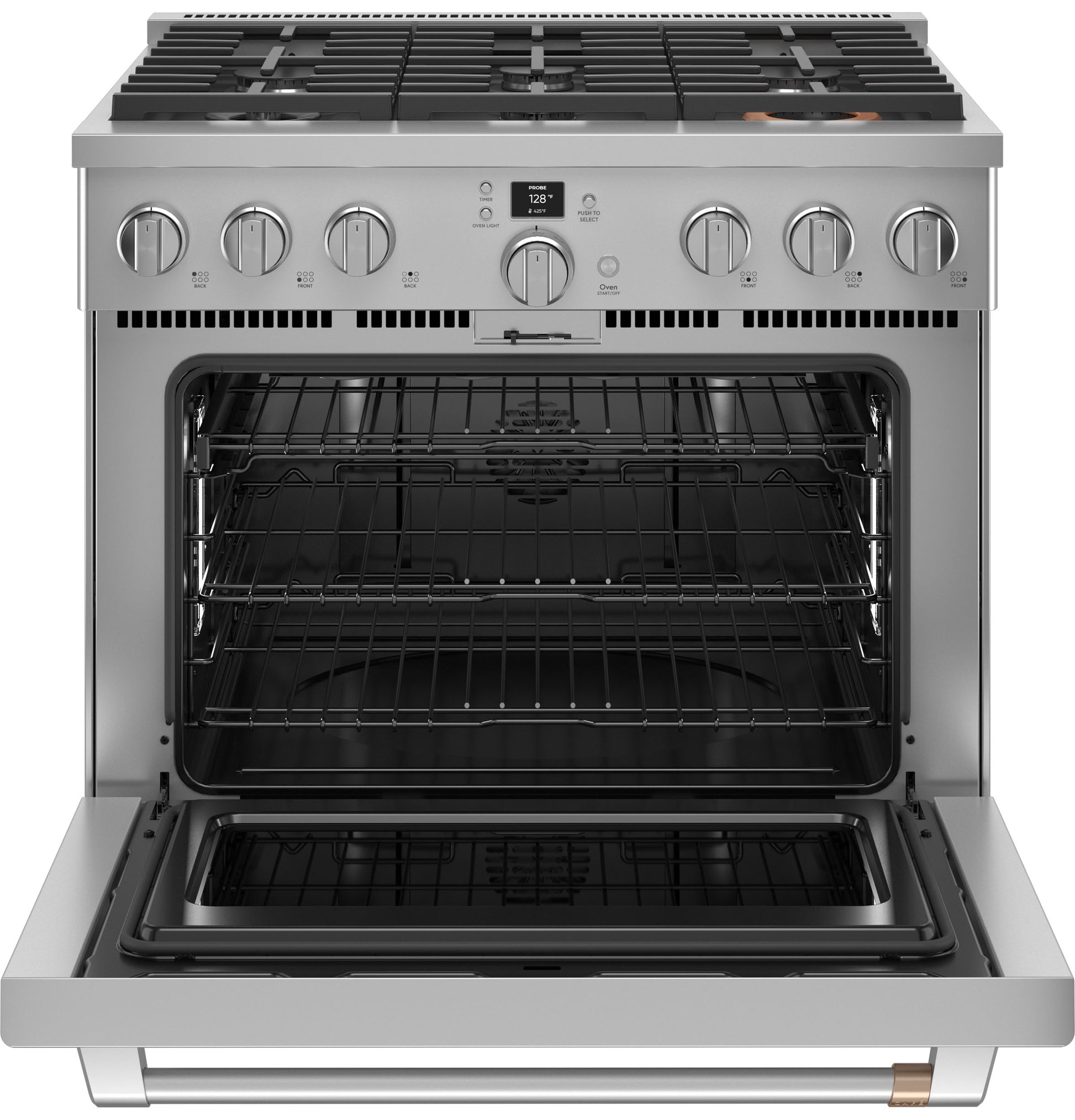 Commercial-style stainless steel gas range with six burners, front controls, digital display, and open oven in kitchen appliances collection