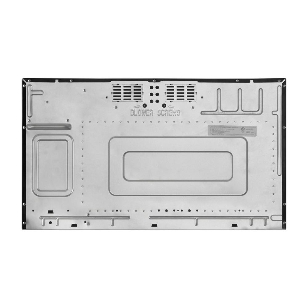 Rear metal panel of a microwave showing ventilation openings and mounting points for kitchen appliance installation.