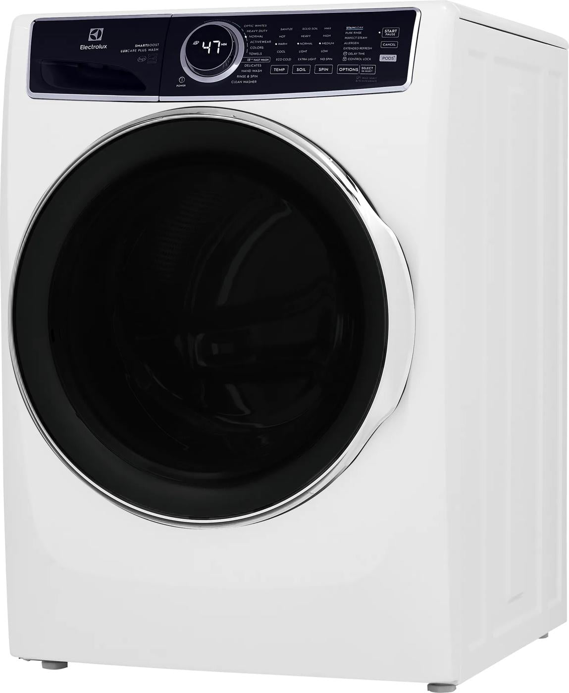 White front load washer with digital display and chrome-trimmed door, part of washers and appliances collection