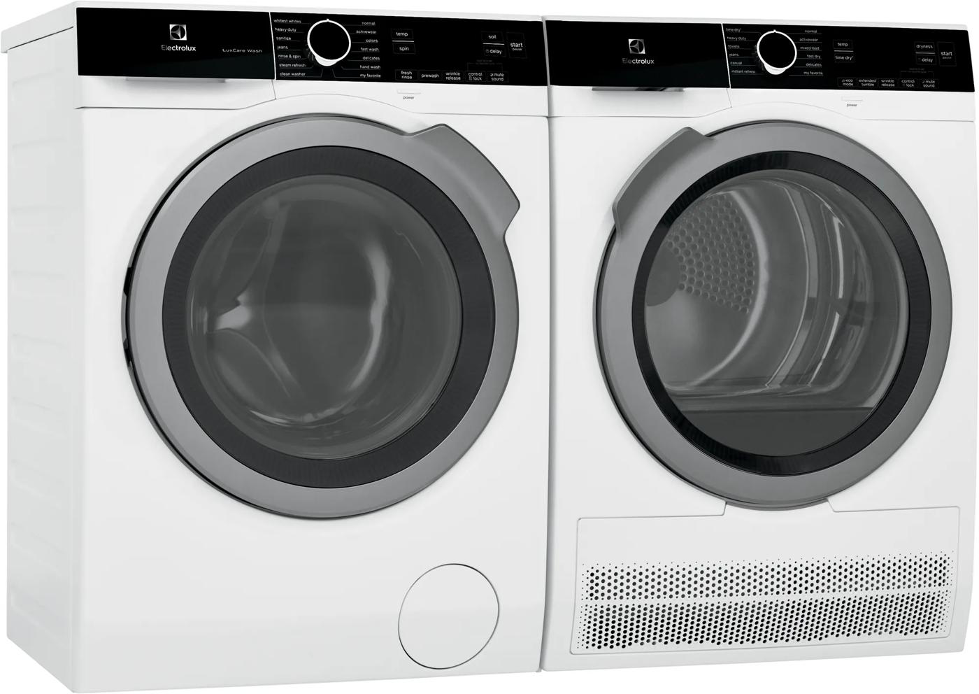 Pair of white front load washing machine and ventless dryer with digital controls in washers and dryers collection