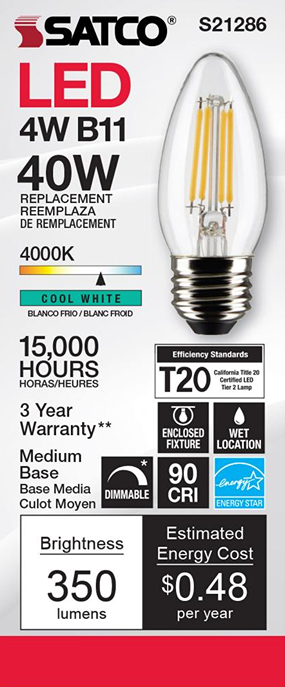 Satco clear B11 LED bulb with medium base, cool white light, 350 lumens, dimmable for lighting and home improvement