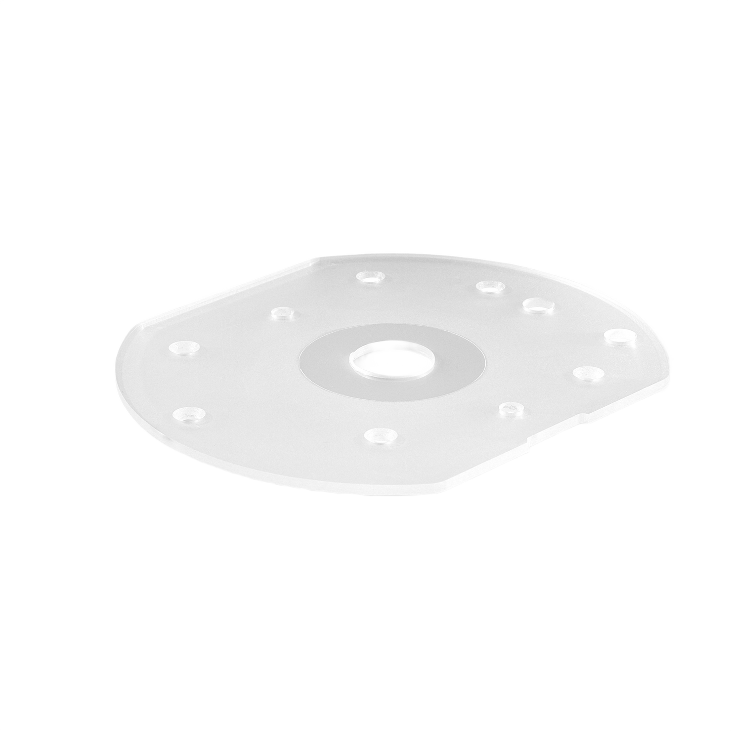 Transparent base plate with multiple mounting holes designed for woodworking tool accessories and precision routing tasks