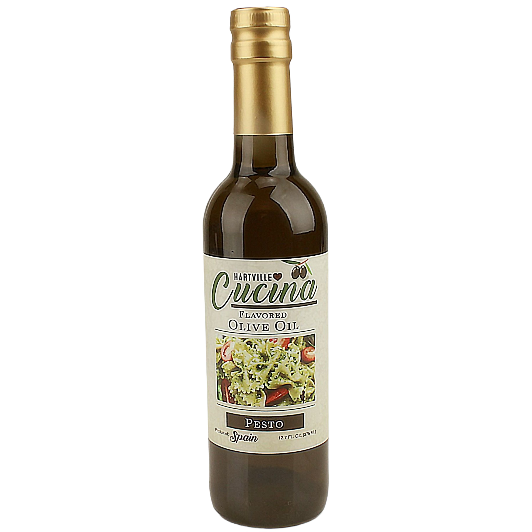 Glass bottle of pesto-flavored olive oil with gold cap in Oil & Vinegars and Food & Beverage collections