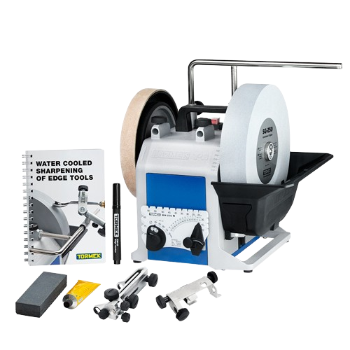 Compact sharpening system with water-cooled grinding wheel, angle guide, and accessories in woodworking tools collection