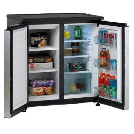 Black compact side-by-side refrigerator/freezer with open doors showing organized storage in Refrigerators and Appliances collections