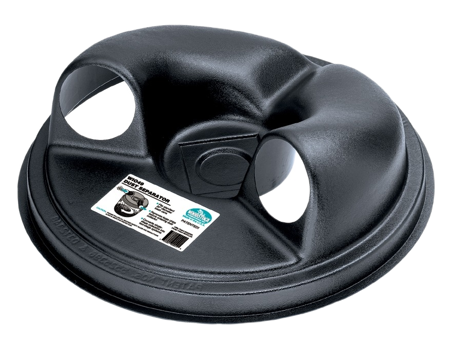Black plastic dust collection separator lid with multiple ports for woodworking dust collectors and air filtration tools