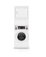White stacked front load washer and electric dryer unit with digital controls, designed for light commercial use in appliance laundry centers.