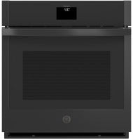 Front view of black smart built-in convection single wall oven with digital display in modern kitchen setting
