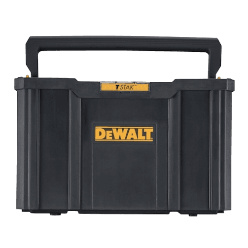 Black hard plastic DEWALT tool case with sturdy handle and yellow logo for home improvement storage and transport