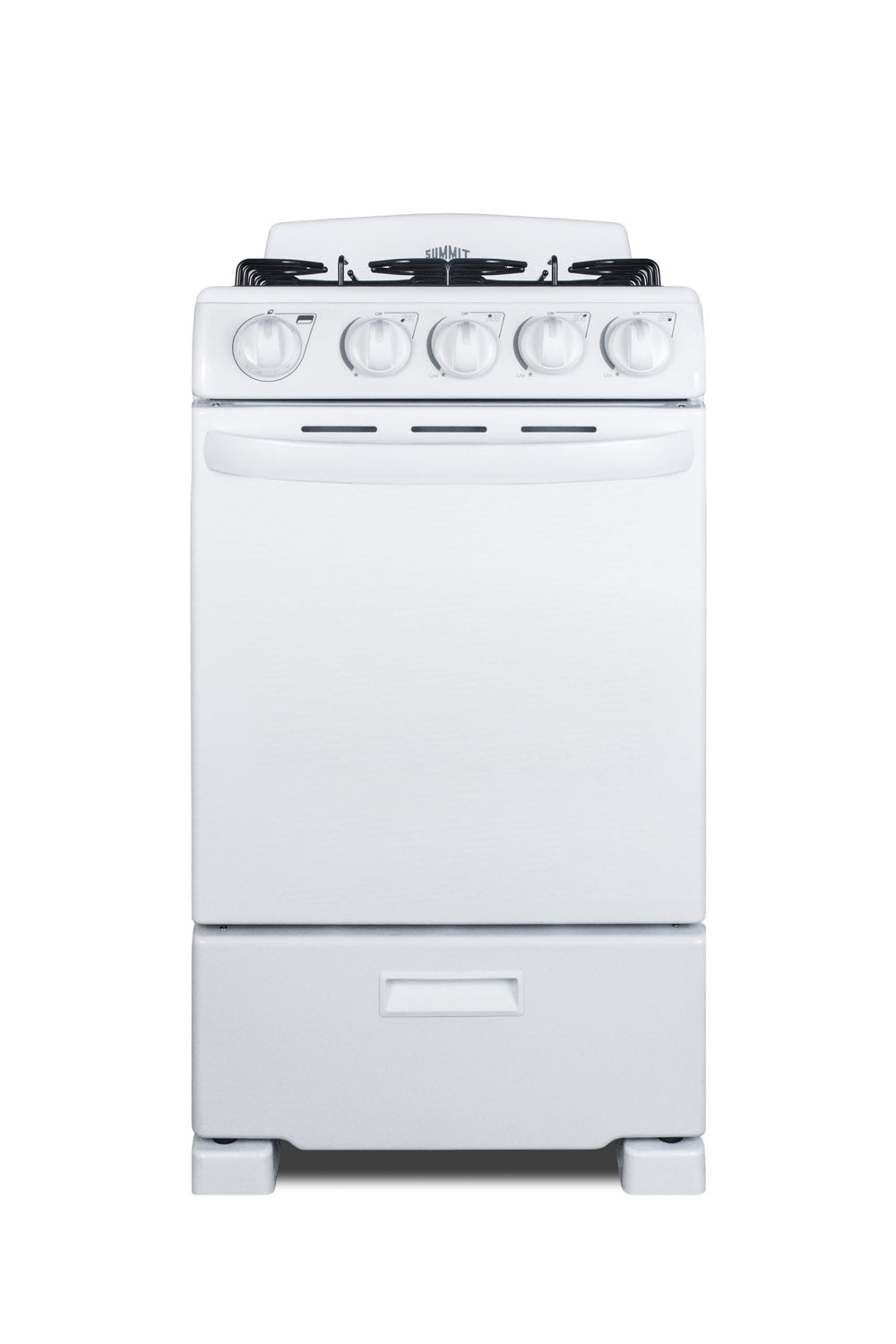 Compact white gas range with four control knobs and bottom storage drawer from kitchen appliances collection