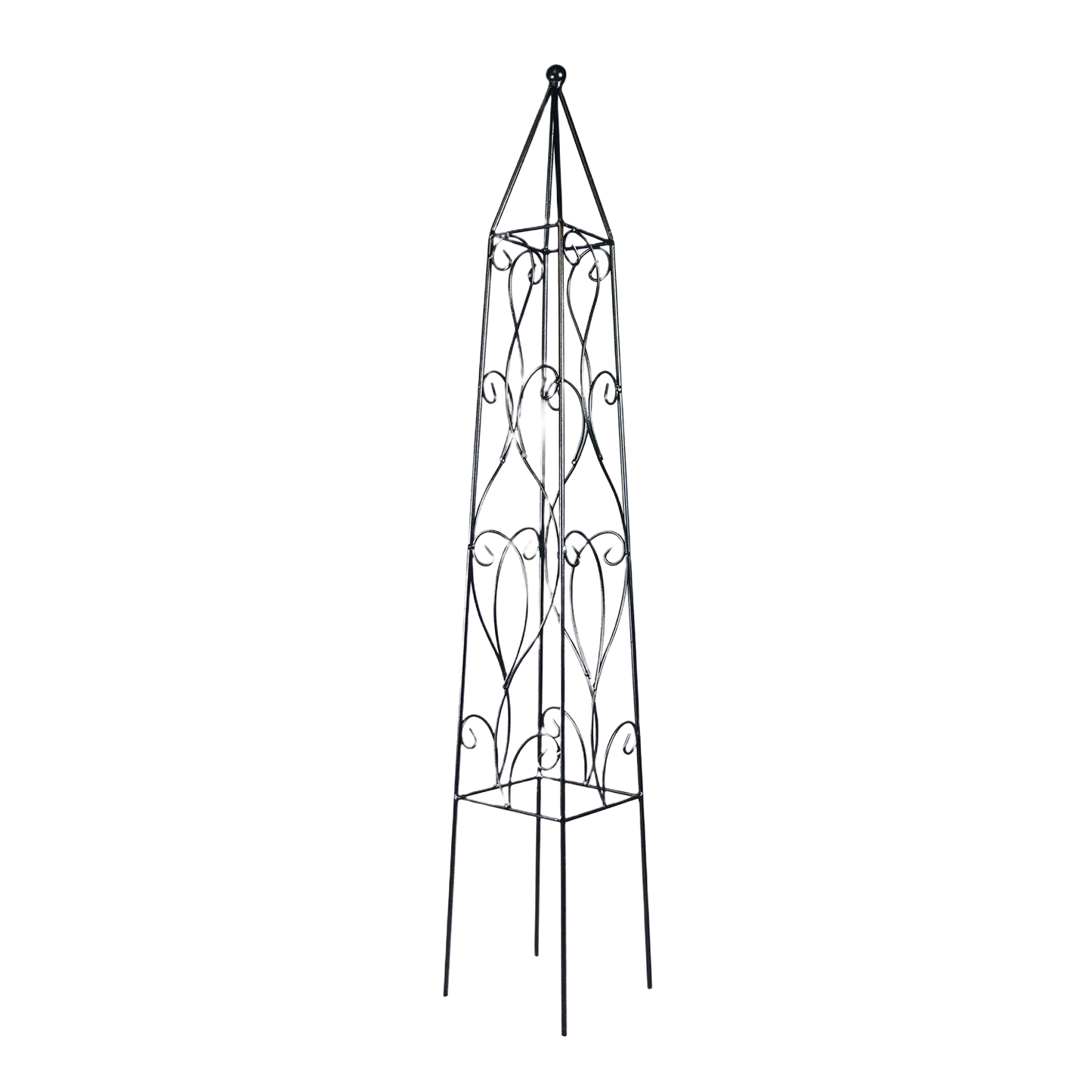 Tall black metal garden obelisk with decorative wisteria vine design for outdoor plant support and garden decor
