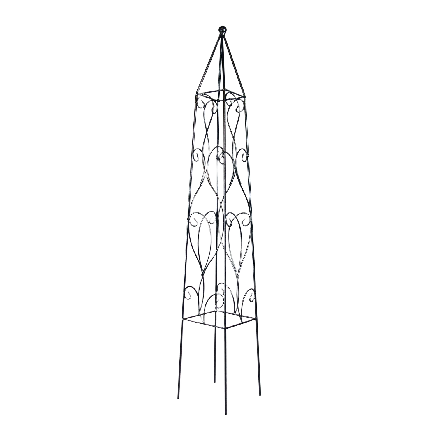 Tall black metal garden obelisk with decorative wisteria vine design for outdoor plant support and garden decor