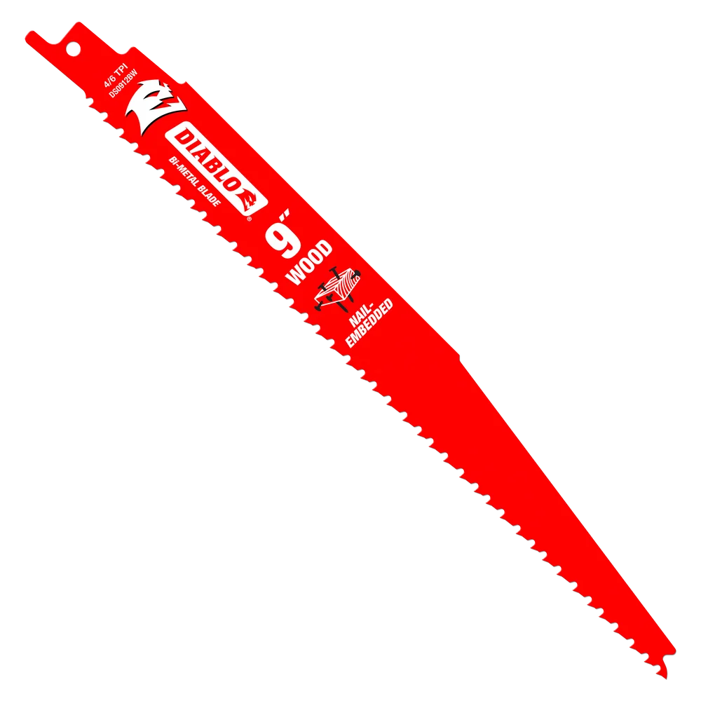 Red Diablo bi-metal saw blade designed for cutting nail-embedded wood, part of woodworking tool accessories collections
