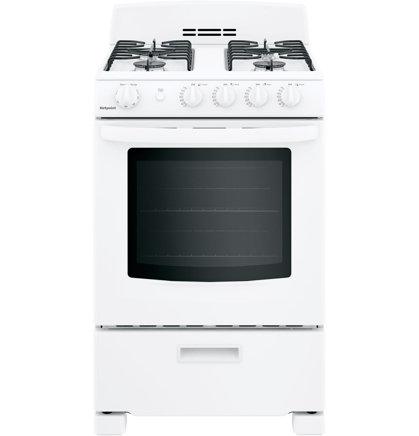 Front view of white free-standing gas range with four burners and large oven window in kitchen appliances collection