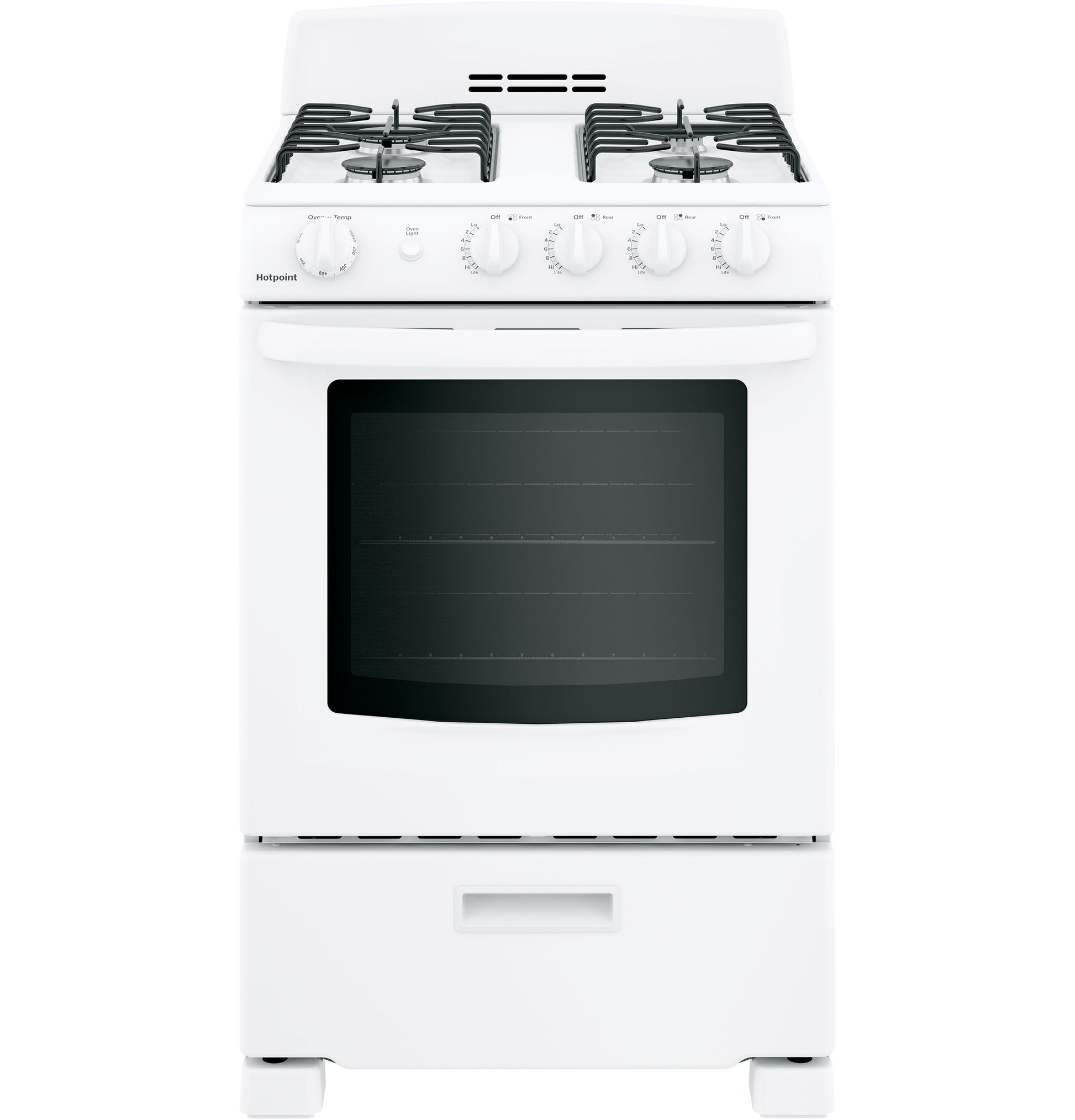 Front view of white free-standing gas range with four burners and large oven window in kitchen appliances collection
