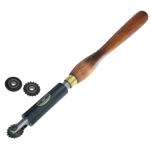 Wood-handled texturing tool with metal spiralling wheels for detailed patterns in home improvement projects