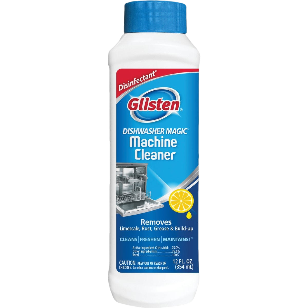 White bottle of Glisten Dishwasher Magic machine cleaner with blue cap and label showing lemon graphic and dishwasher image