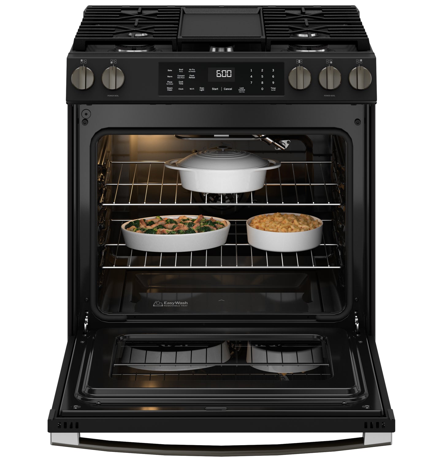 Black front-control slide-in gas range with convection oven, digital display, five burners, and EasyWash oven tray from Ranges collection