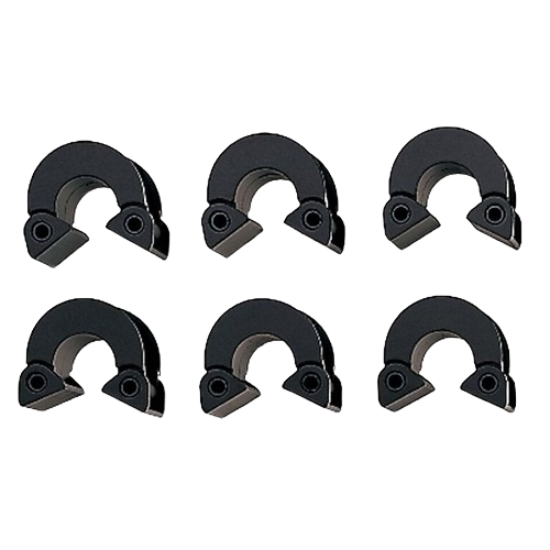 Set of six black metal corner clips for securing materials in woodworking and home improvement projects