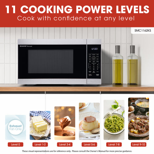 Stainless steel microwave with digital control panel showing 11 cooking power levels on wooden kitchen counter