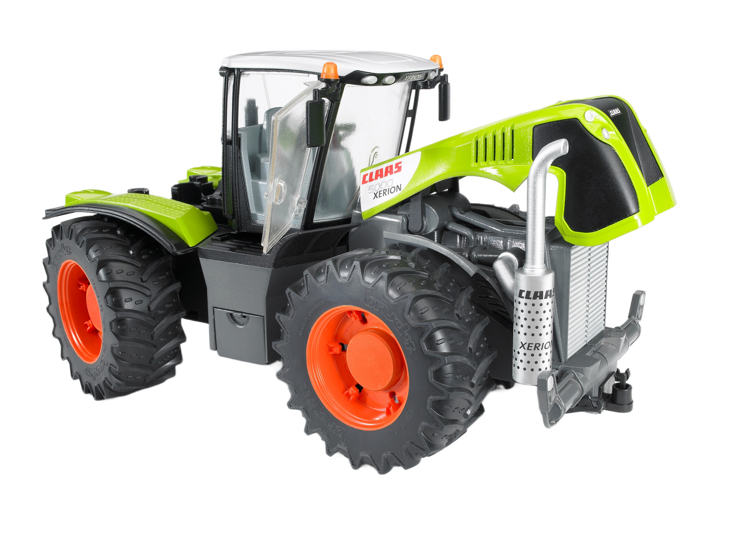 Scale model of Bruder Claas Xerion 5000 Tractor with bright green body and orange wheels in Toys & Games collection under $100