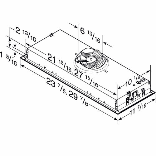 Technical line drawing of a stainless steel built-in power pack insert with detailed dimensional measurements for installation.