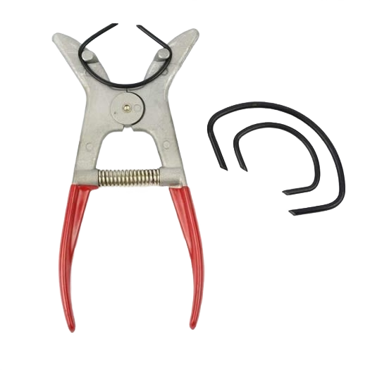 Spring-loaded miter clamp tool with red handles and detachable black wire brackets for precise home improvement tasks