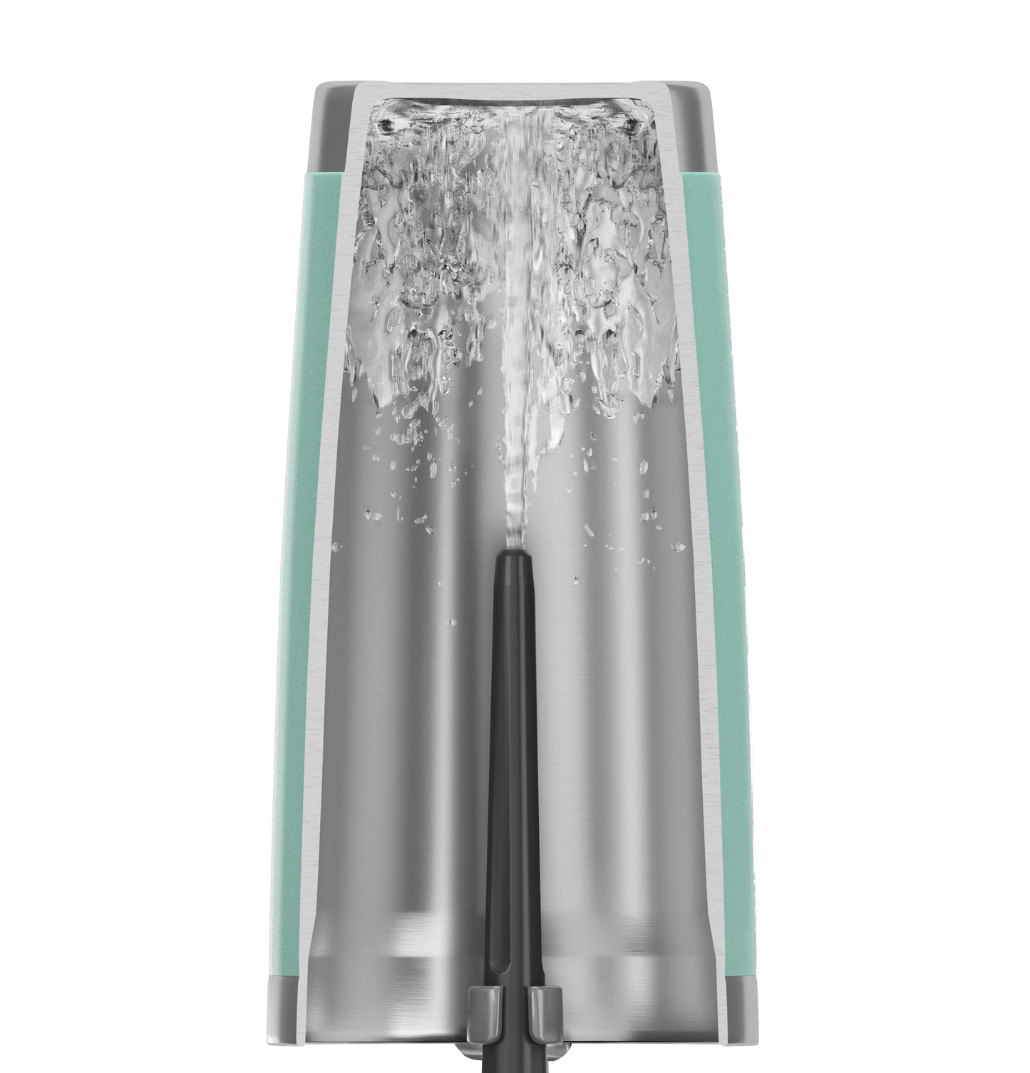 Cross-section of dishwasher spray arm releasing water inside stainless steel interior appliance rack for cleaning.