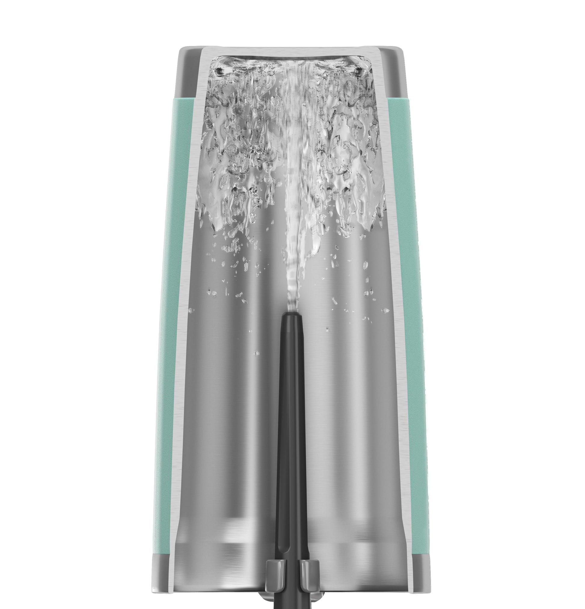 Cross-section of dishwasher spray arm releasing water inside stainless steel interior appliance rack for cleaning.