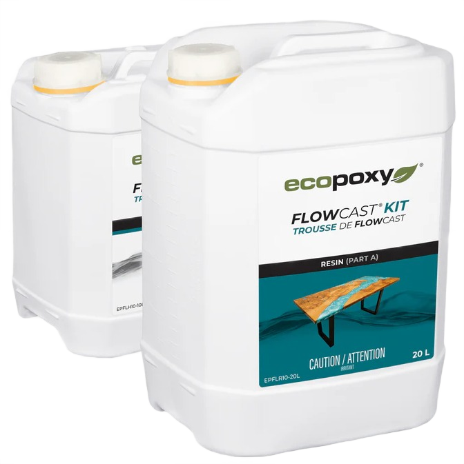 Two white plastic containers of Ecopoxy FlowCast Kit resin for wood sealers and finishing projects in home improvement