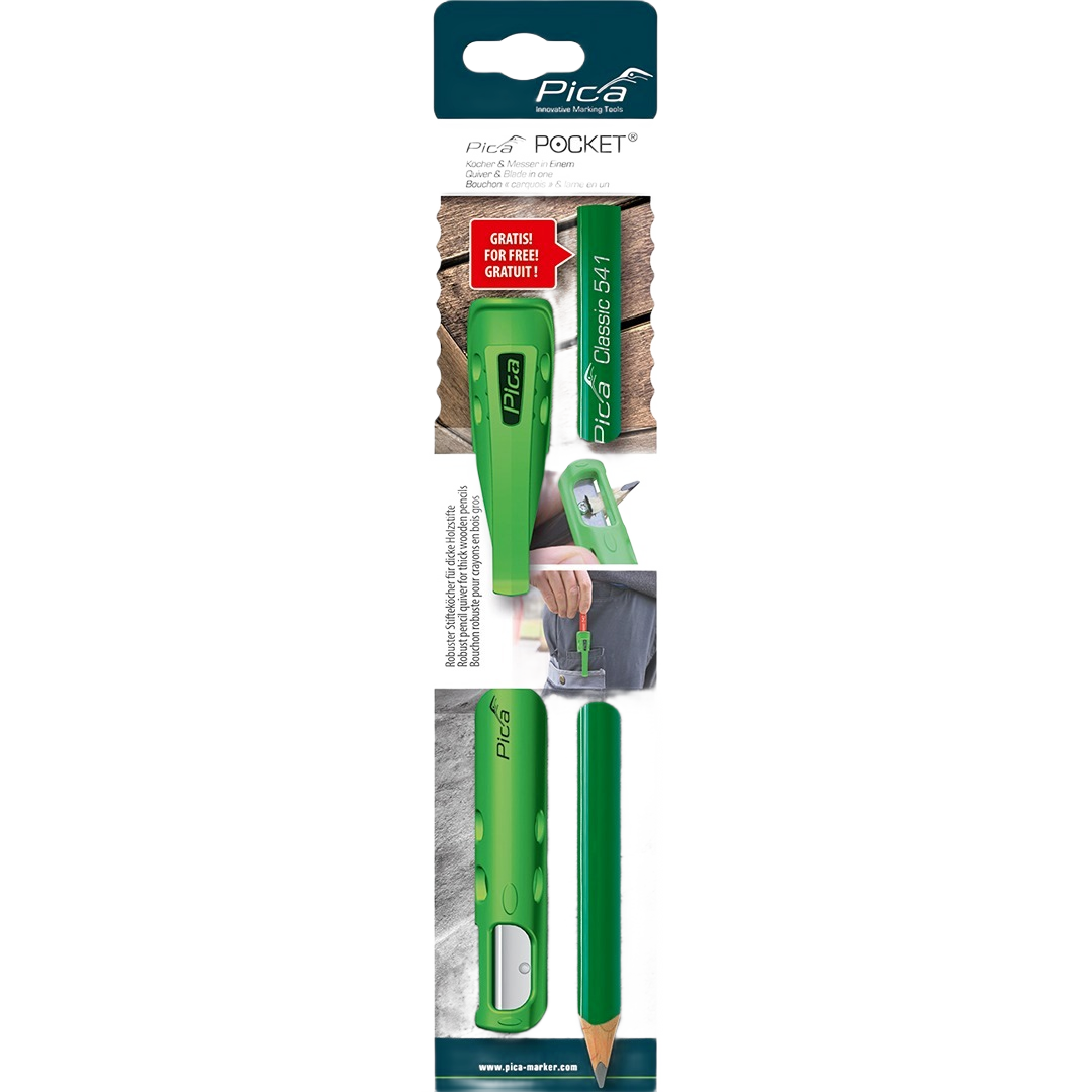 Green plastic Pica pocket quiver and stonemasons pencil for woodworking and measuring tools in office supplies collection