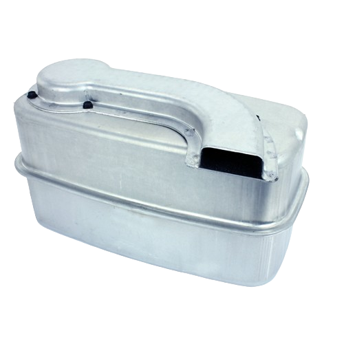 Silver metal muffler component with curved exhaust outlet for automotive and John Deere engine parts collections
