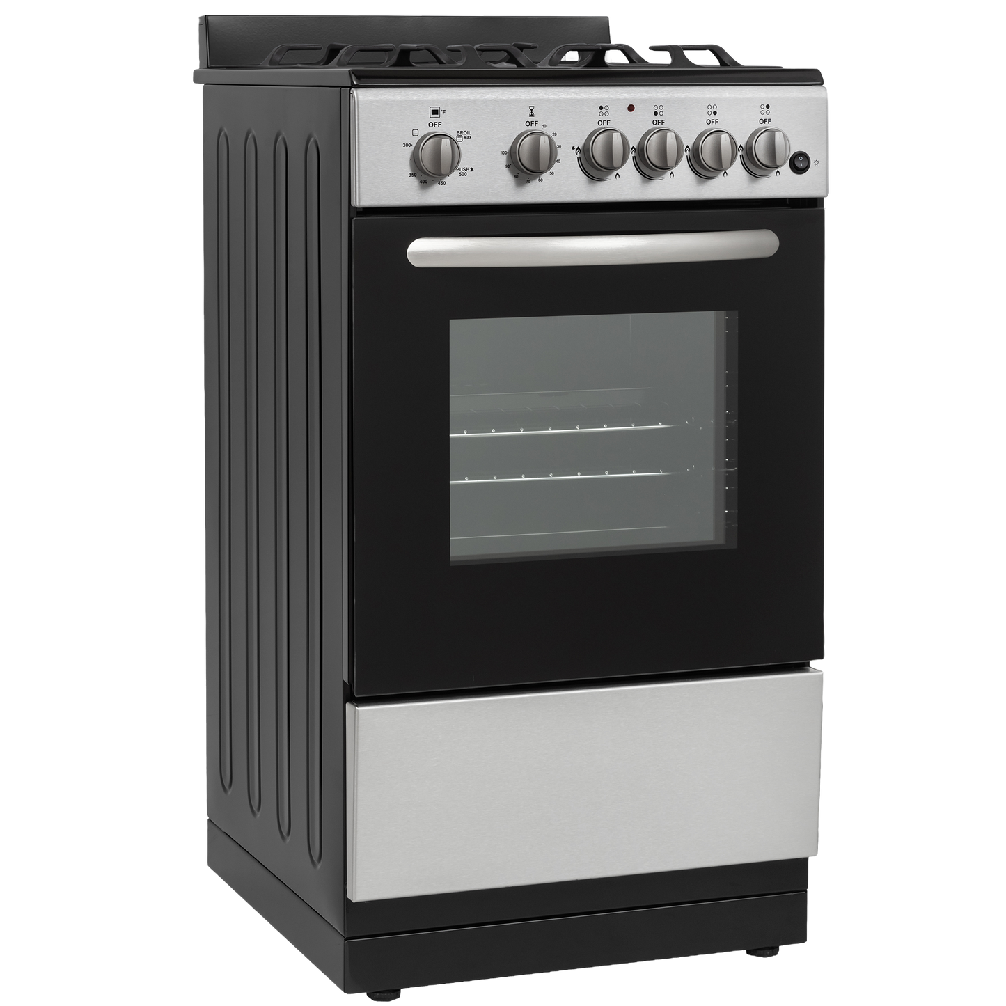 Compact stainless steel and black gas range with windowed oven door and control knobs, part of kitchen appliances and ranges collection