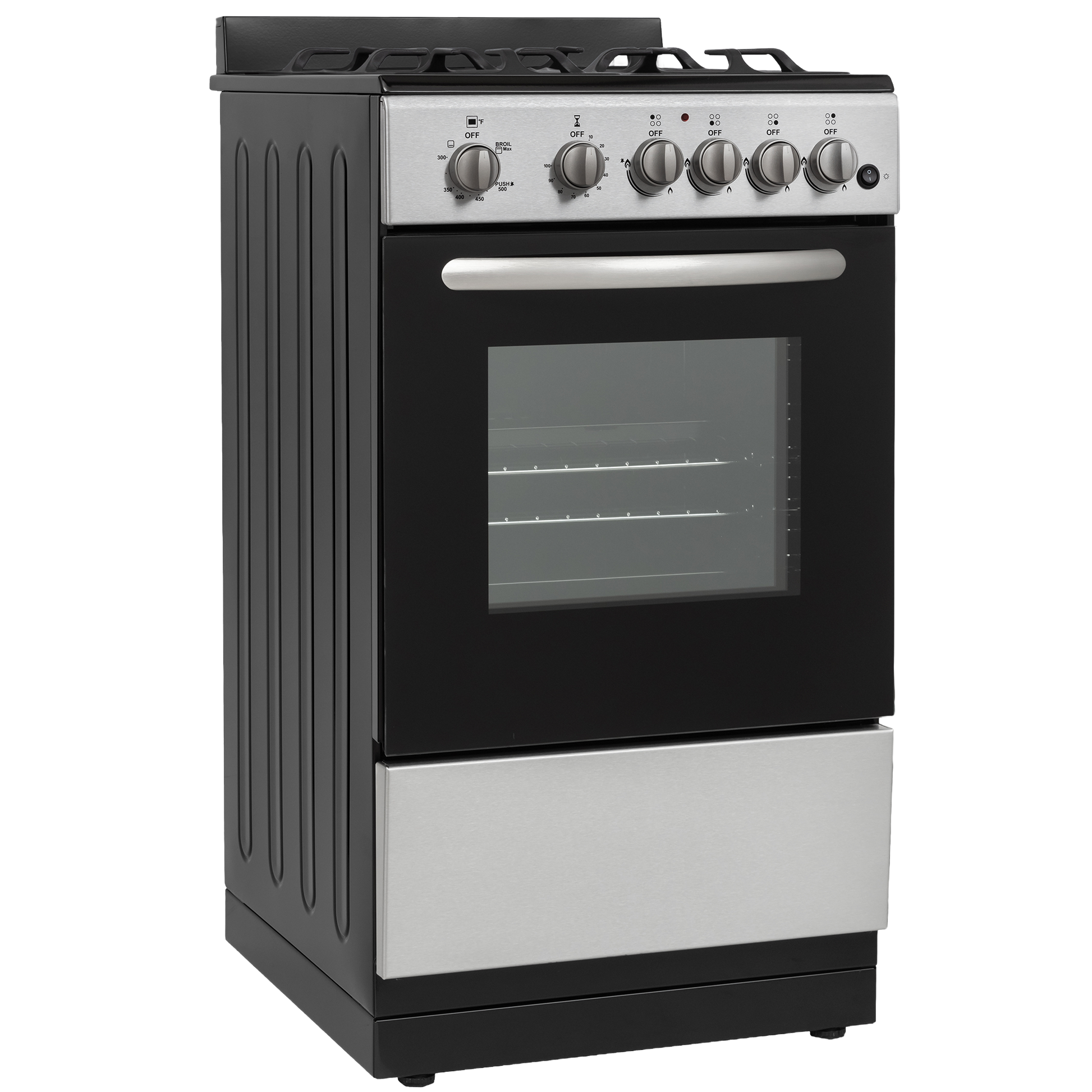 Compact stainless steel and black gas range with windowed oven door and control knobs, part of kitchen appliances and ranges collection