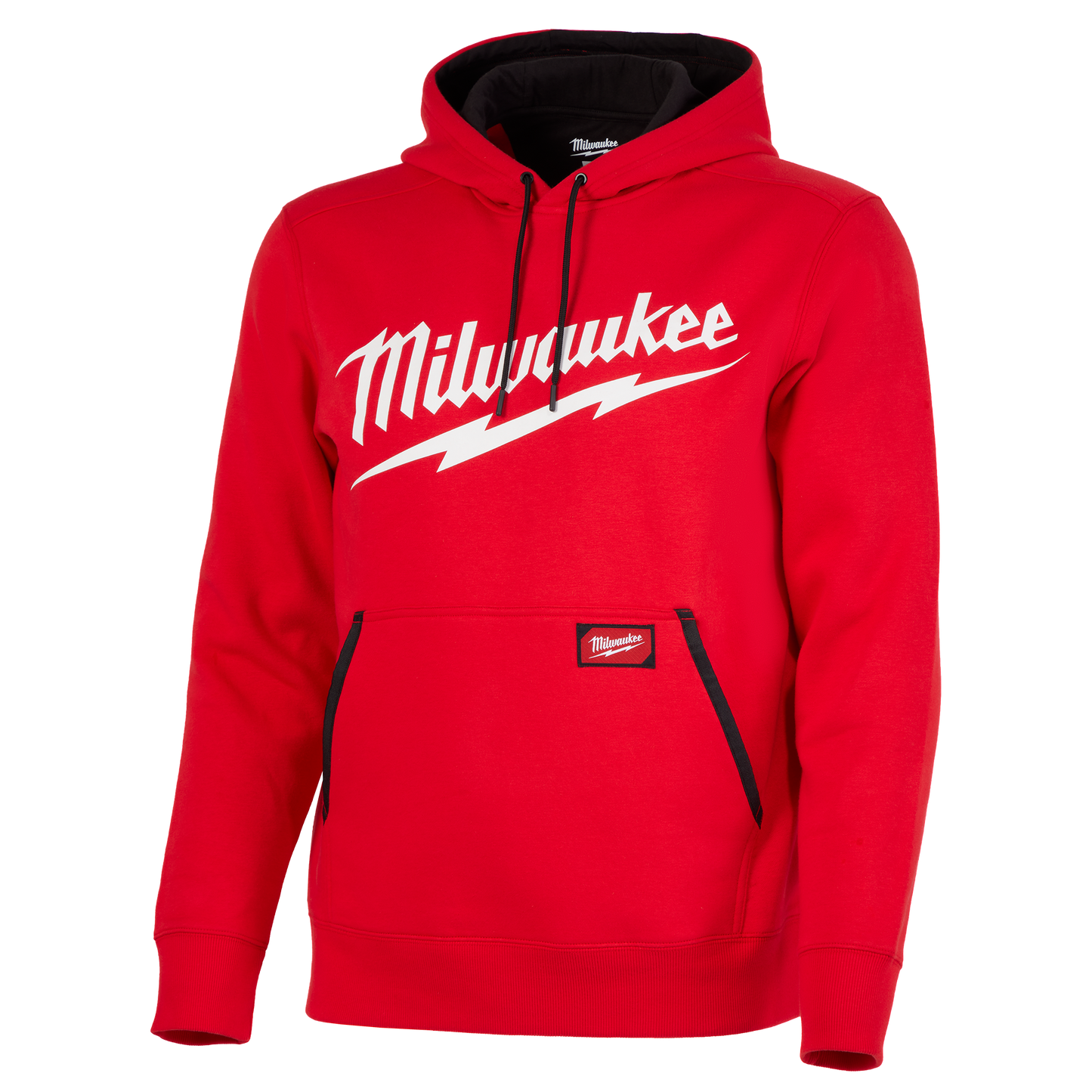Red pullover hoodie with contrasting black drawstrings and front pouch pocket featuring bold white Milwaukee logo print