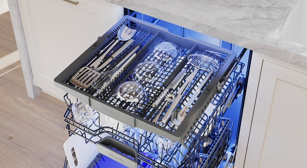 Open dishwasher drawer with organized silverware and kitchen utensils inside from Thermador Appliances collection