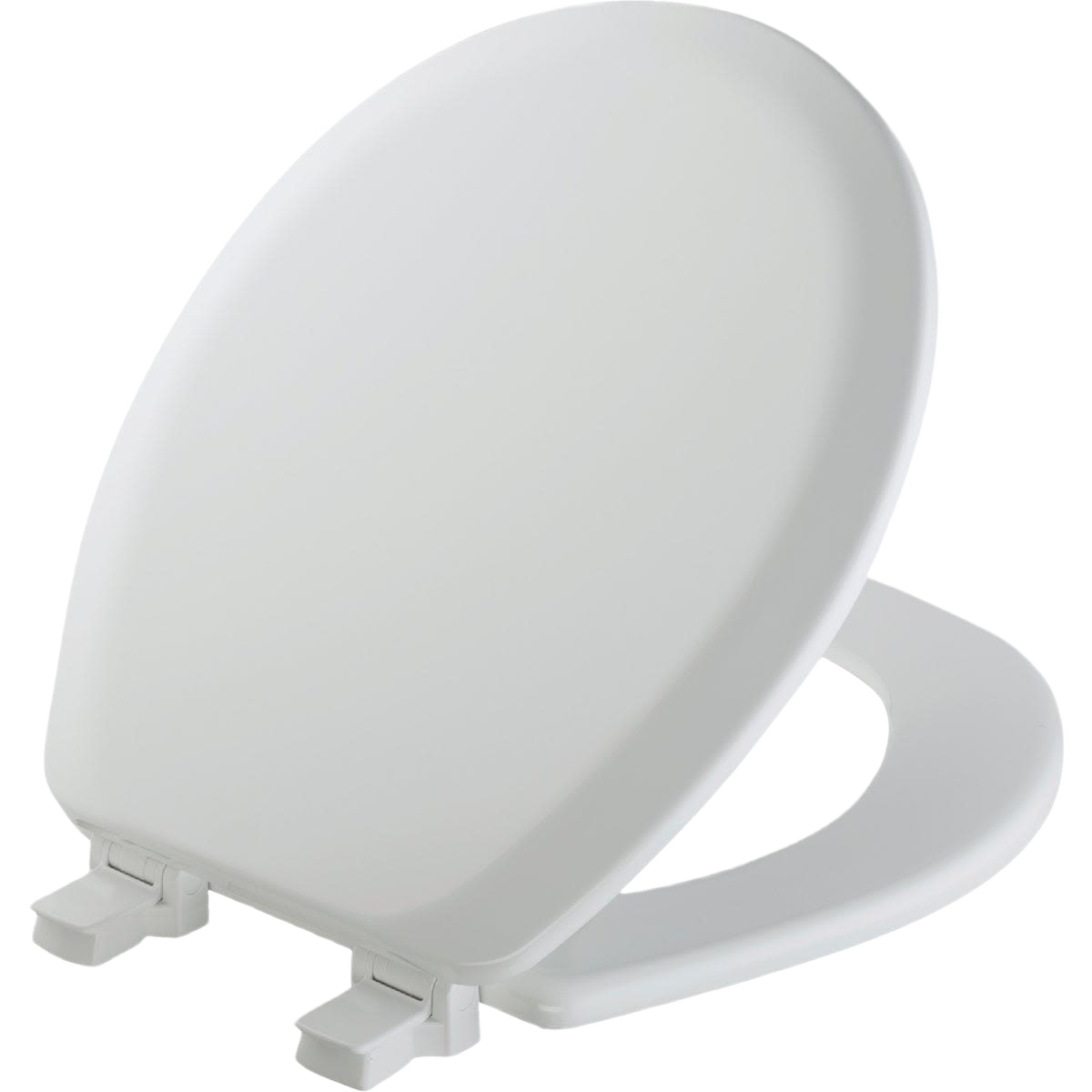 Round white wooden toilet seat with sturdy hinges for bathroom home improvement and tools use