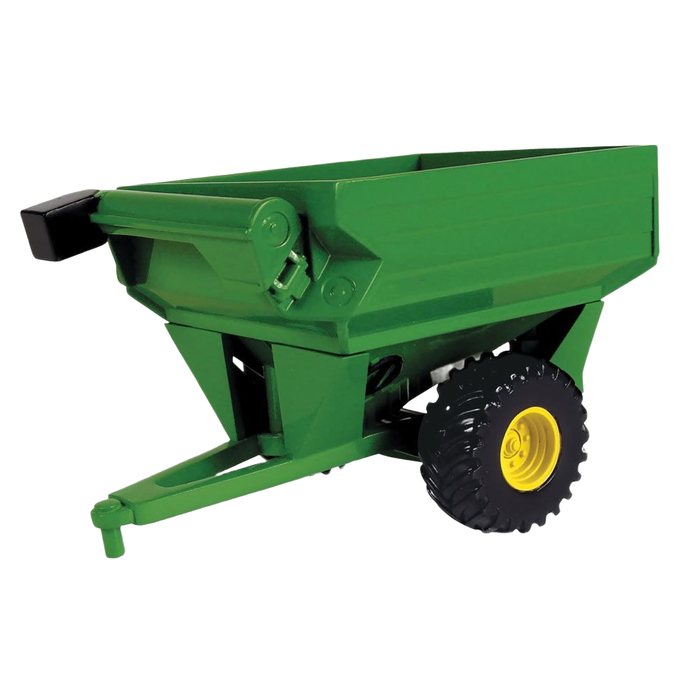 Green mini grain cart toy with yellow wheels designed for realistic farming play and collectibles