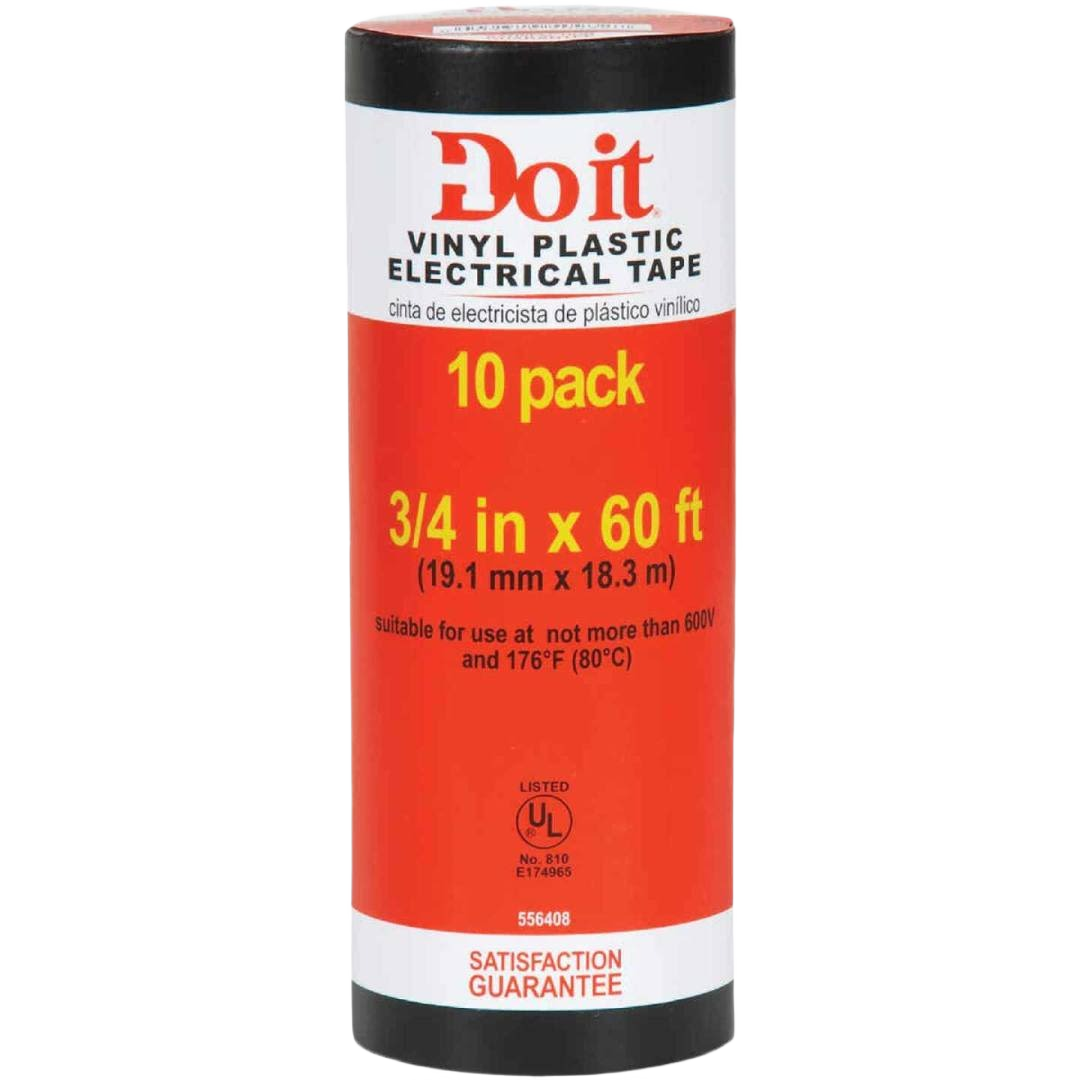Ten-pack of black vinyl electrical tape rolls for insulating wires in electrical tools and home improvement collections under $50