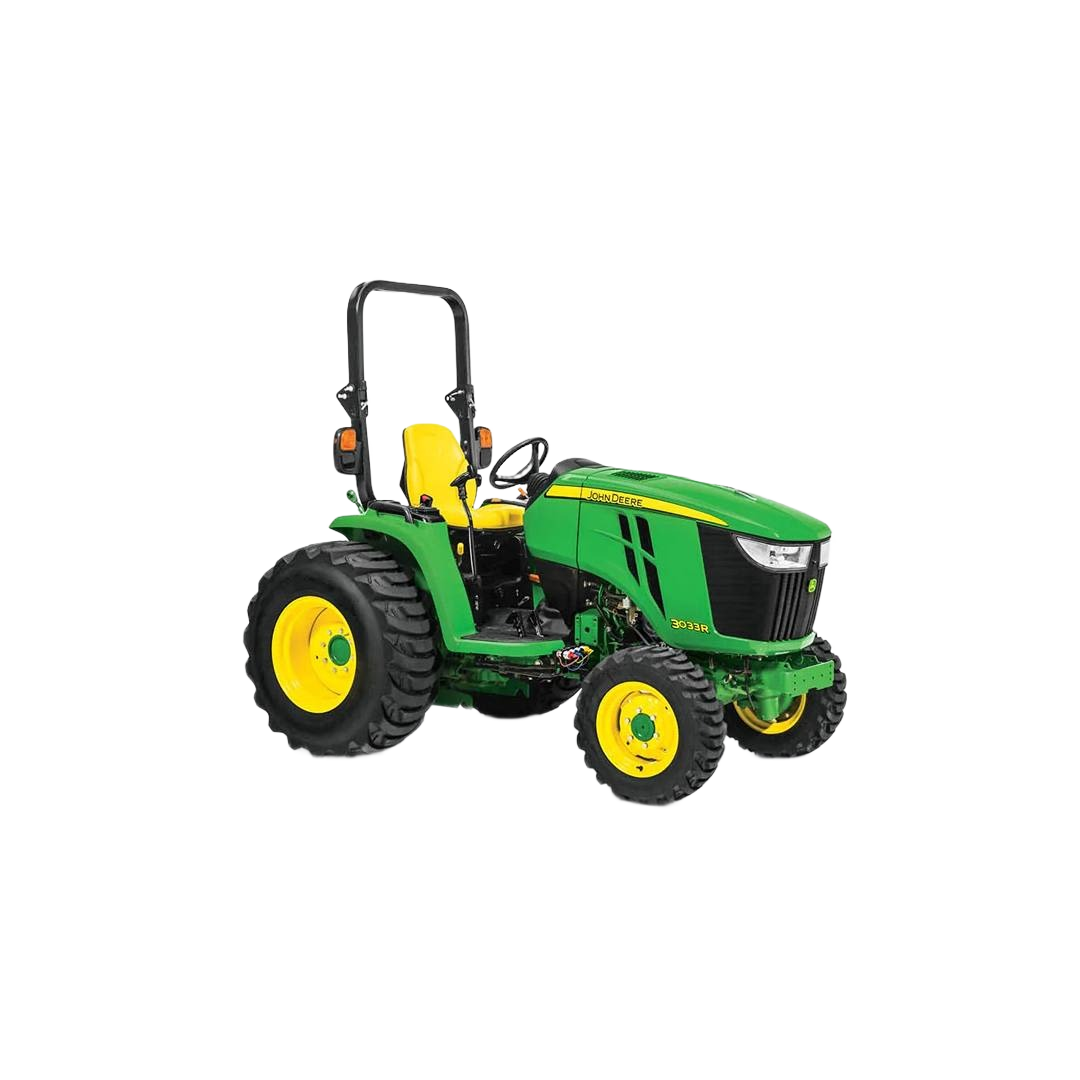 Green and yellow compact utility tractor with large rear tires and open operator seat for home improvement use