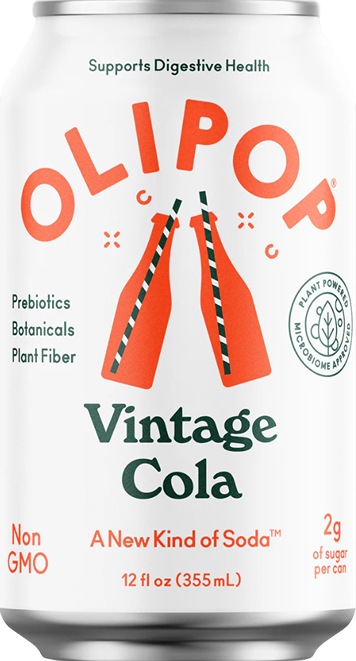White soda can with orange and green text for Vintage Cola prebiotic drink in food and beverage drinks collection
